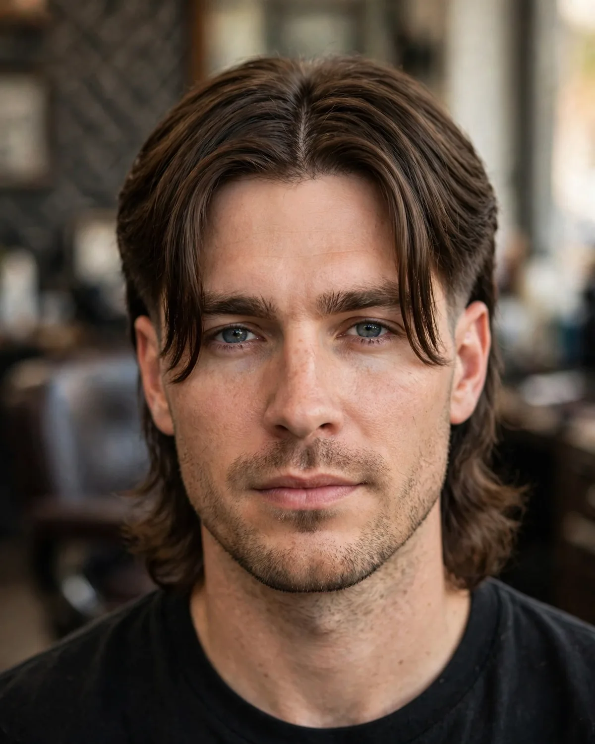 Middle part modern mullet for men — center-parted top with balanced sides and a defined longer back