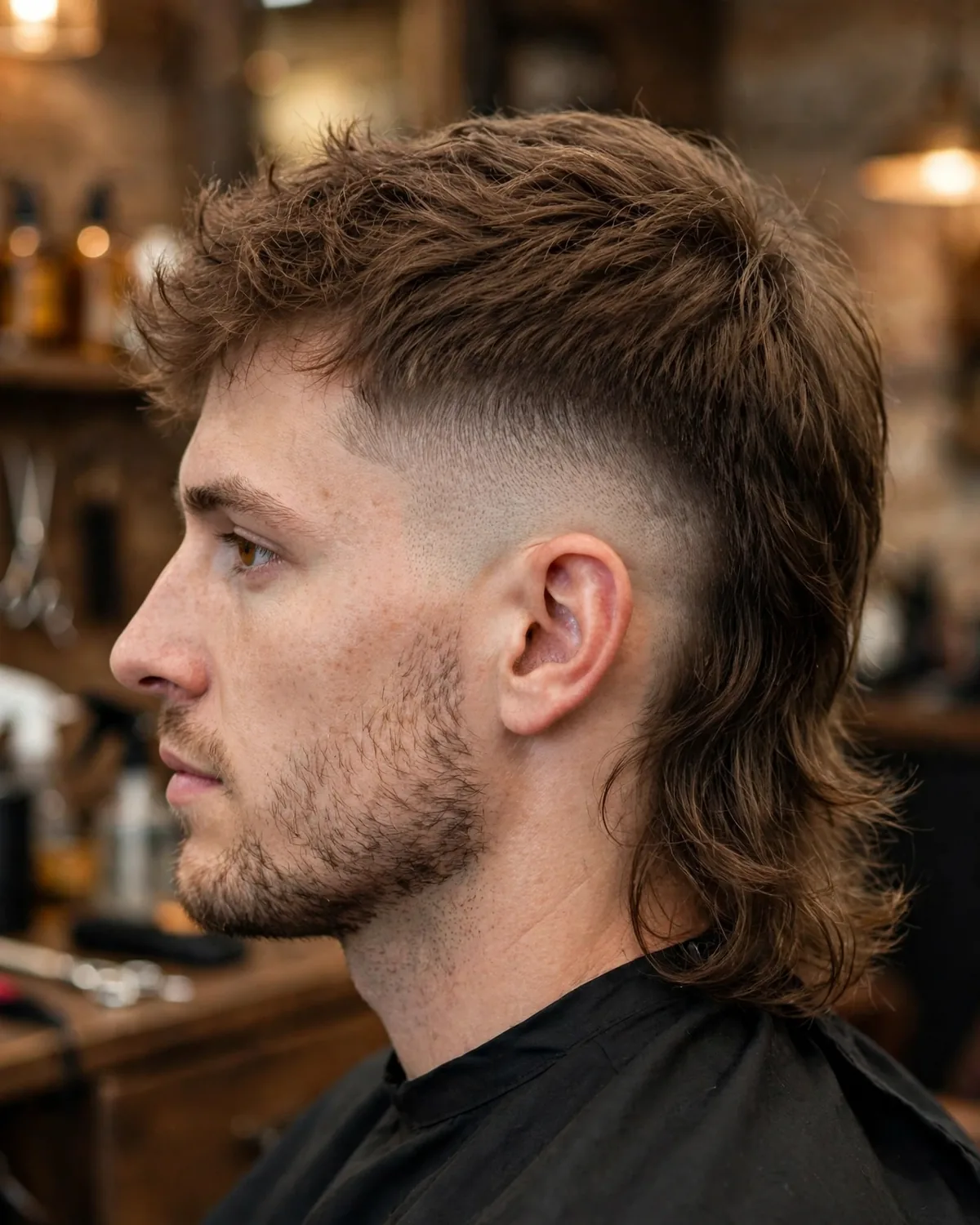 Shadow fade modern mullet haircut — soft seamless shadow blend on the sides with a natural flowing mullet back