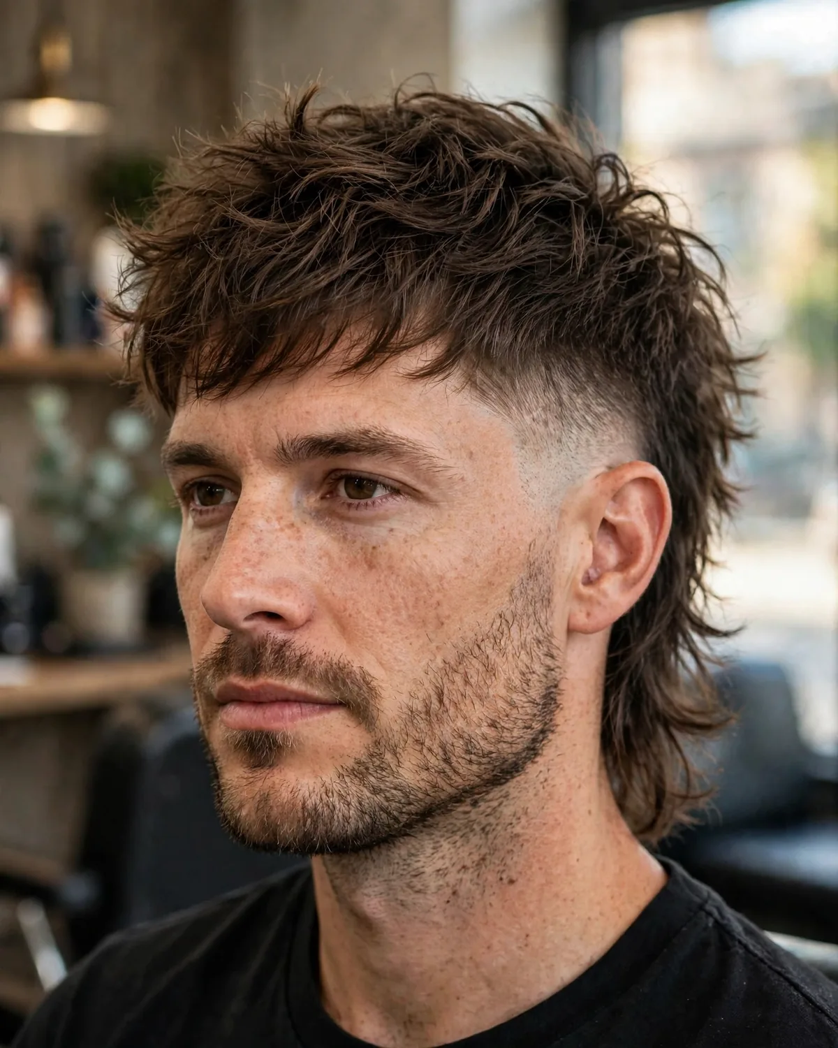Textured modern mullet for men — choppy piece-y layers through the crown with a tousled longer back