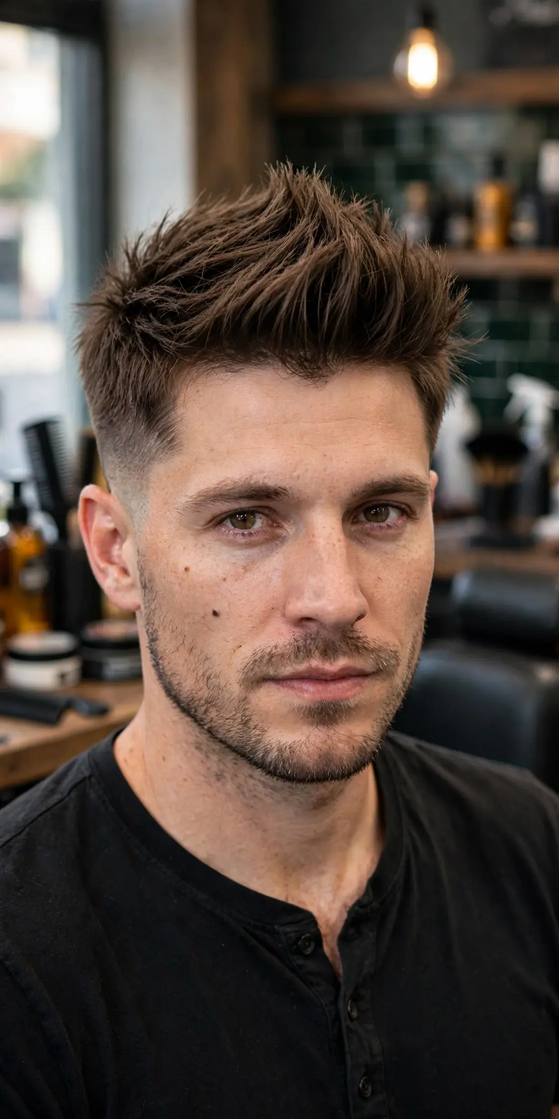 Subtle faux hawk haircut with textured center and short faded sides, office-friendly men's mohawk style