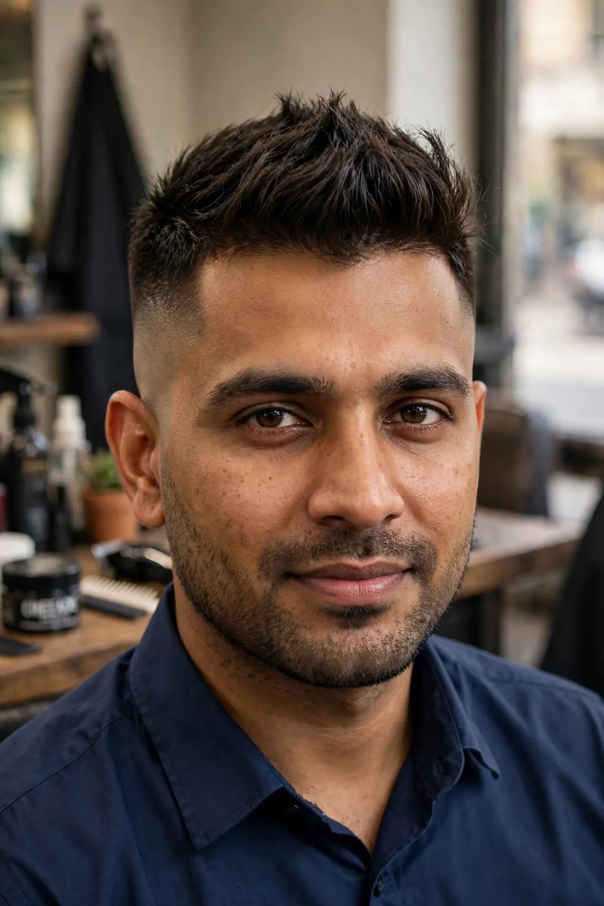 Low fade mohawk haircut with textured top and subtle low skin fade, professional men's mohawk style