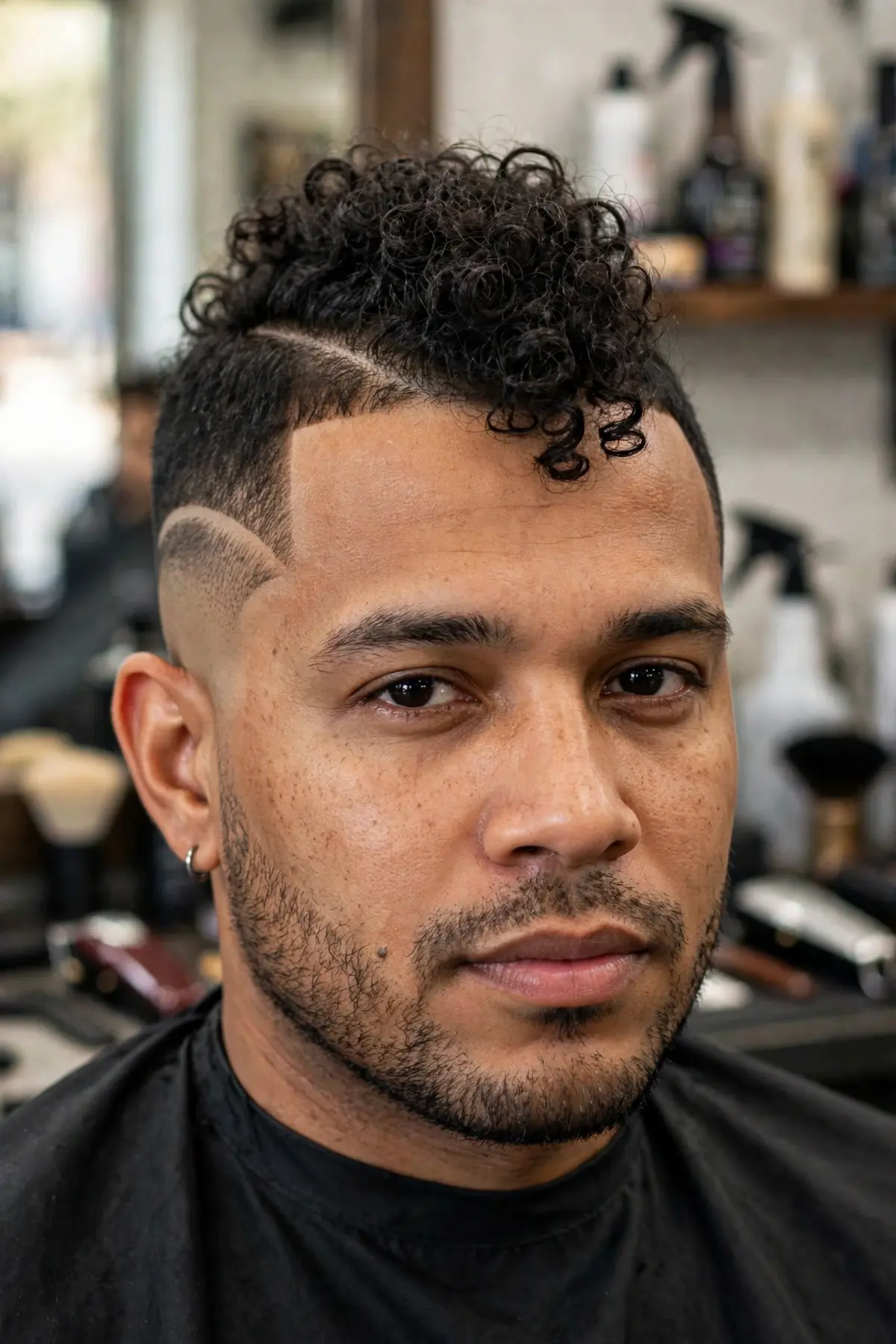 Burst fade mohawk haircut with curly center strip and burst fade around the ears, curly men's haircut