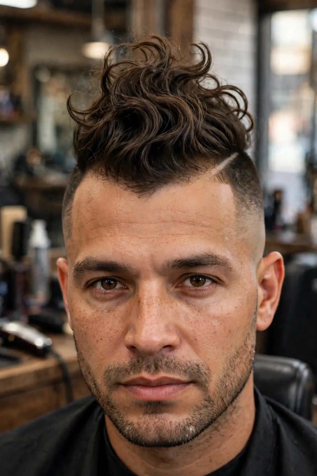 Wavy mohawk haircut with loose waves flowing up and shadow fade sides, men's wavy hairstyle