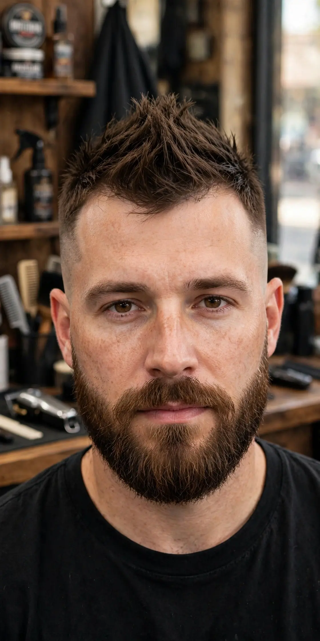 Bearded man with a mohawk haircut, full groomed beard with textured strip and faded sides, men's style