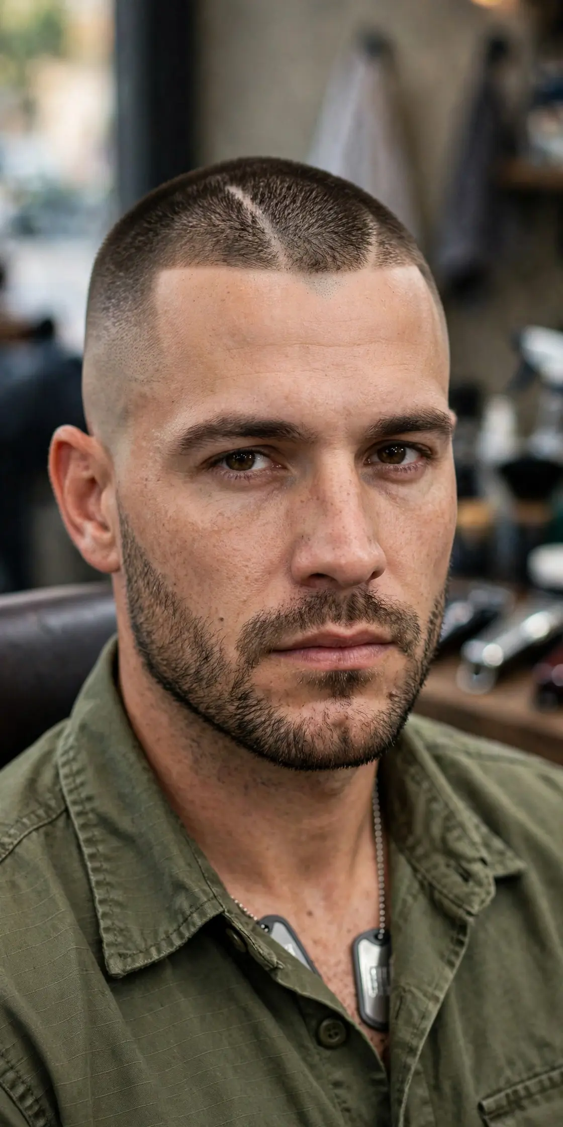 Buzz hawk haircut with very short buzzed strip and skin fade sides, military men's haircut