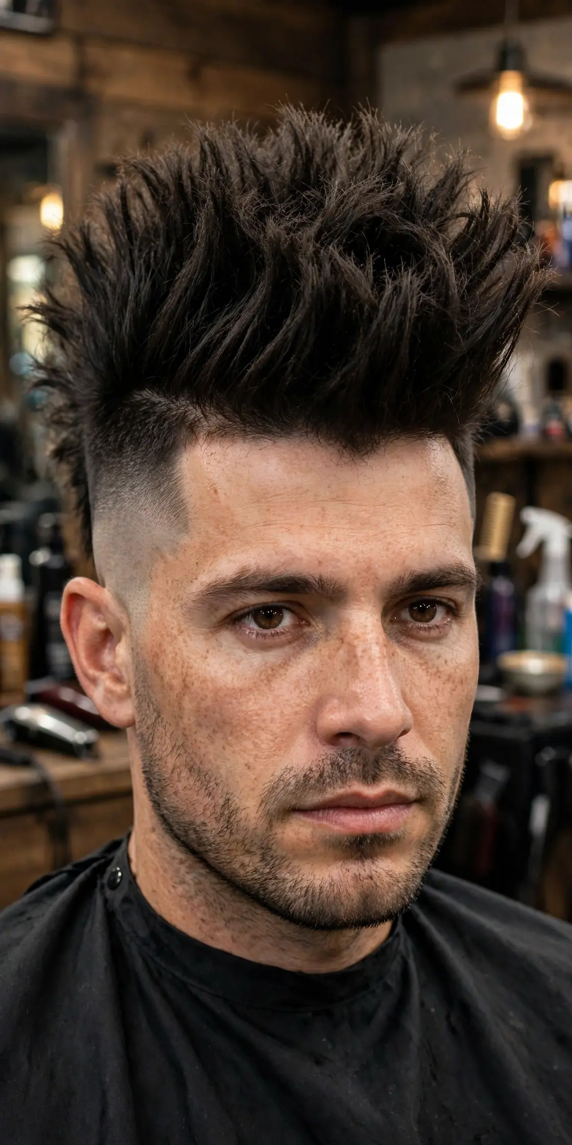 Wide mohawk haircut with broad textured strip and short faded sides, men's mohawk hairstyle
