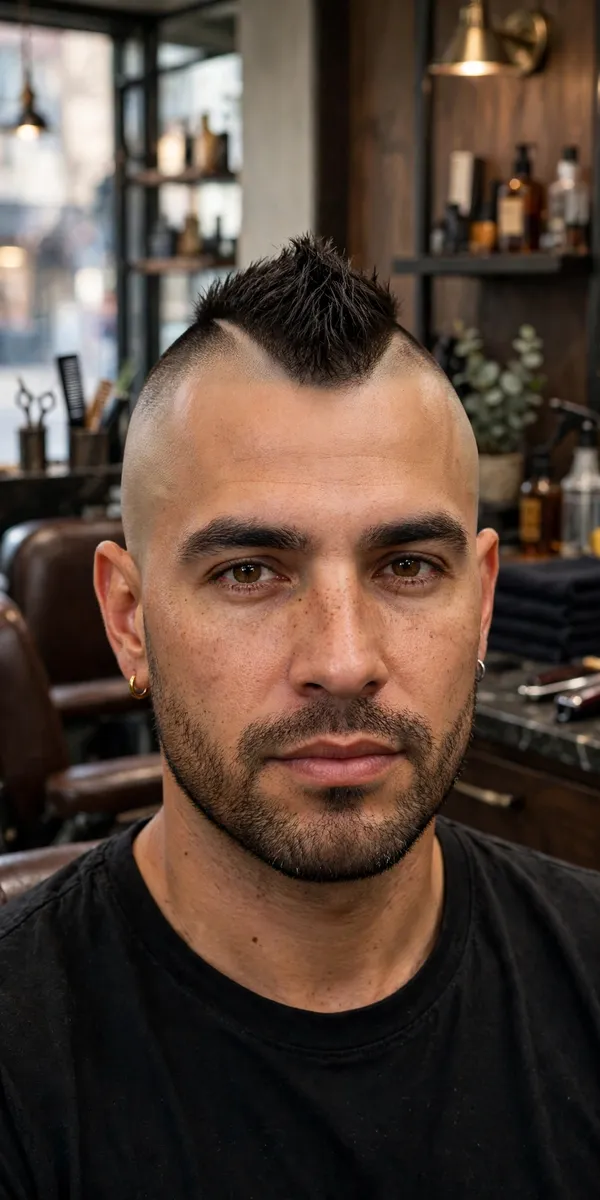 Skin fade mohawk haircut for men — crisp bald fade sides with defined mohawk strip