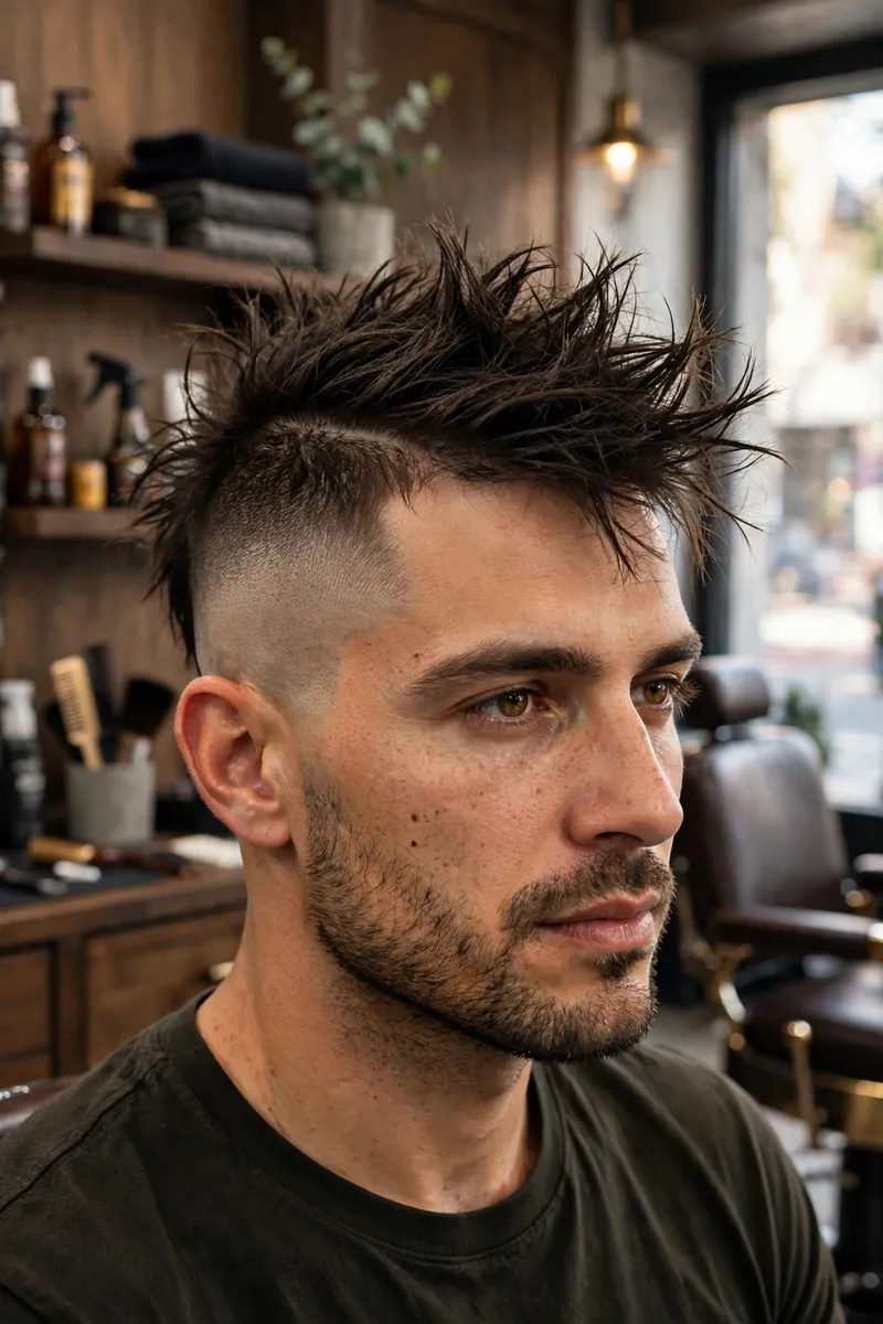 Messy mohawk fade haircut for men — messy textured mohawk with faded sides
