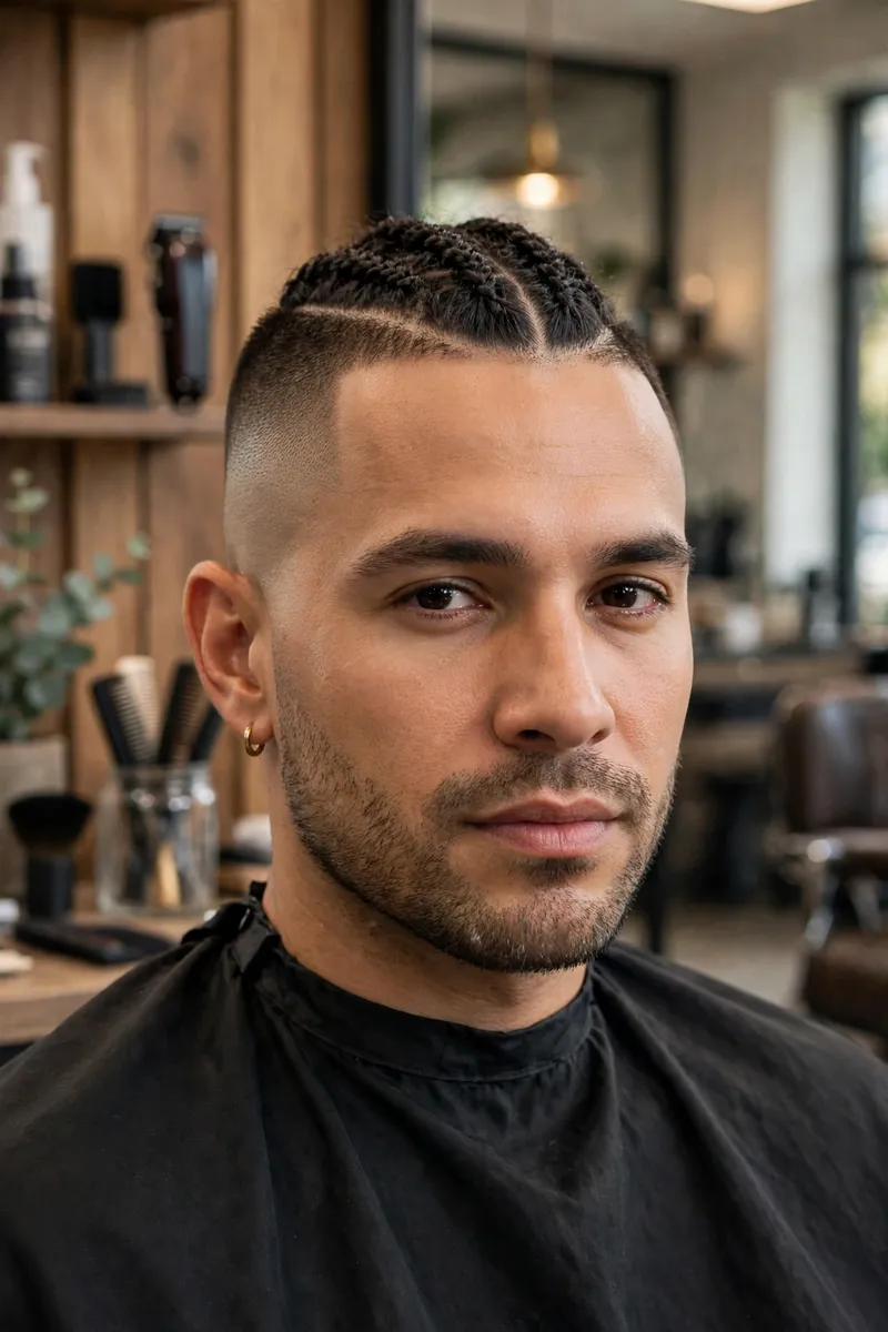 Braided mohawk fade haircut for men — braided mohawk strip with faded sides