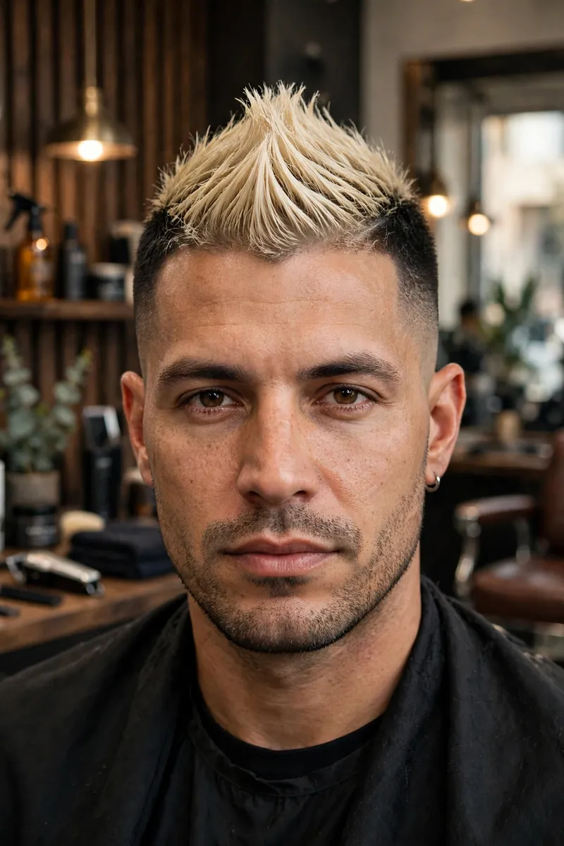 Dyed mohawk fade haircut for men — colored mohawk strip with faded sides