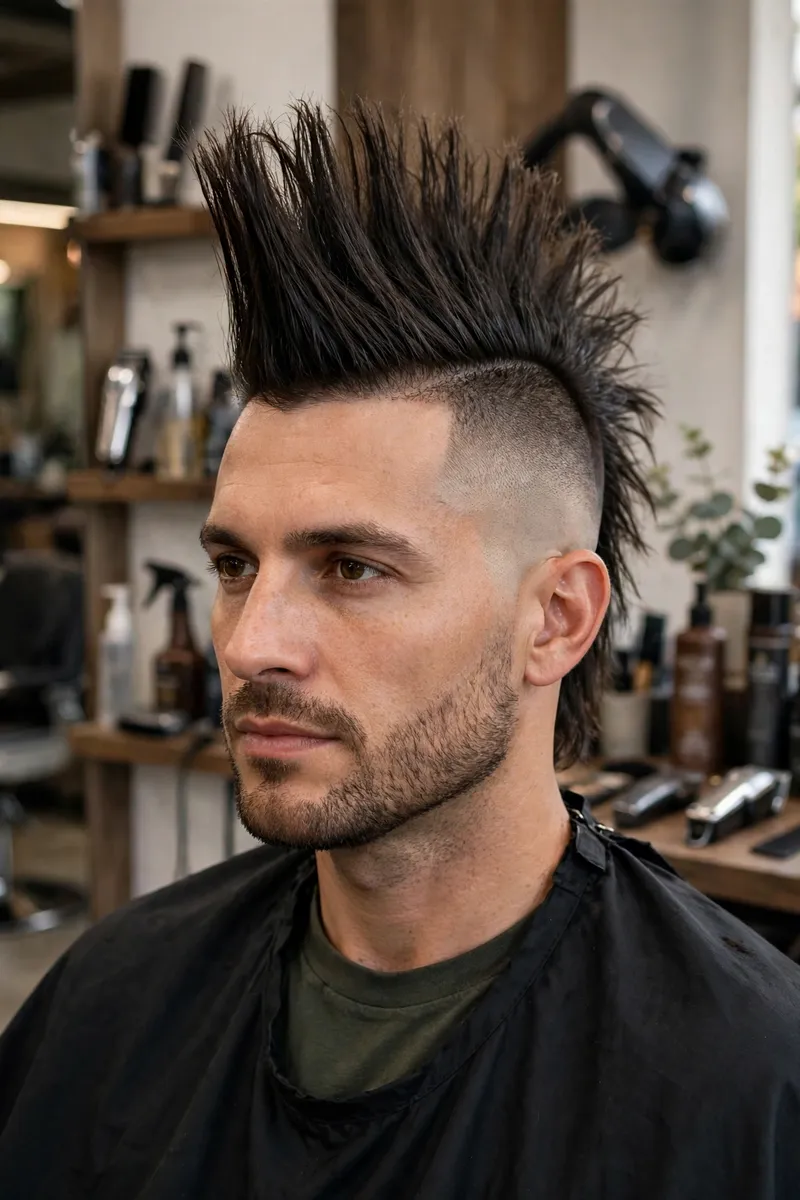 Long mohawk fade haircut for men — long mohawk strip with tight faded sides