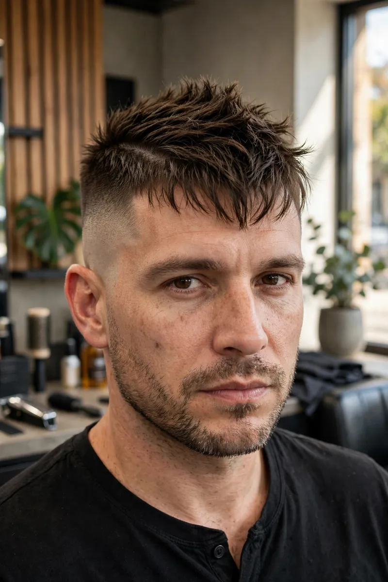 French crop mohawk fade haircut for men — cropped mohawk with forward fringe and fade
