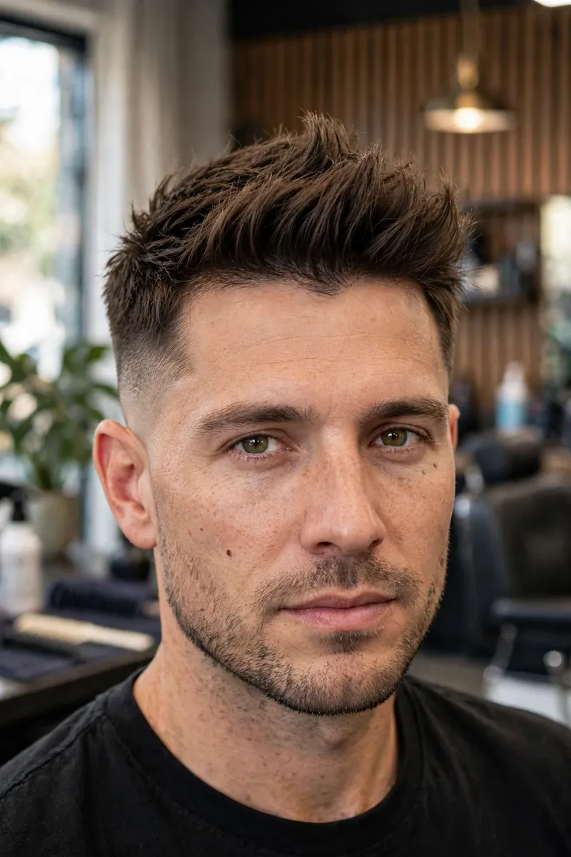 Faux hawk fade haircut for men — softer faux hawk with faded sides
