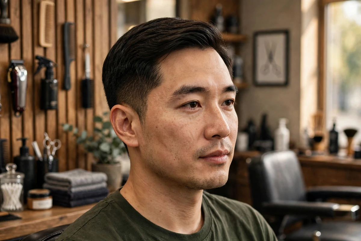 Classic side part medium short haircut for men — neat side-parted top with tapered sides in a barbershop