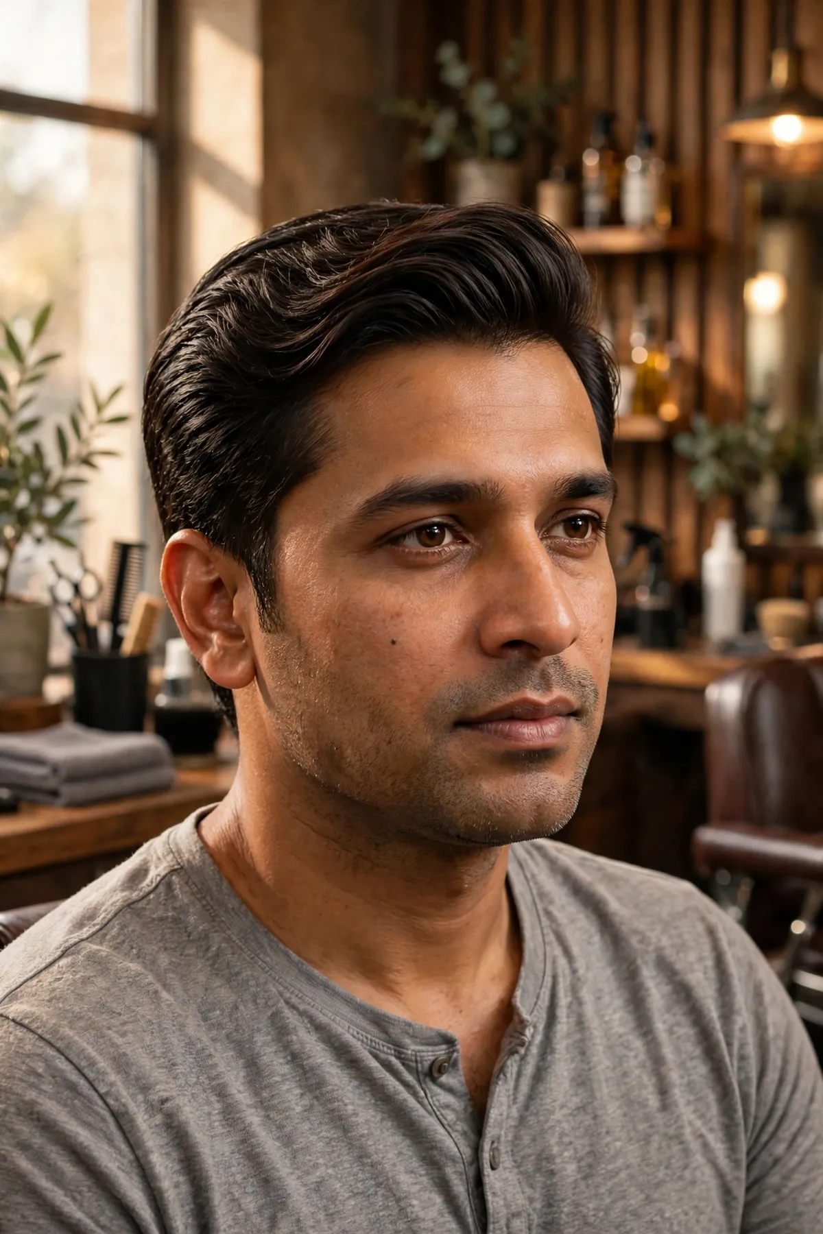 Neat comb-over medium short haircut for men — swept-over top with clean short sides, barbershop photo
