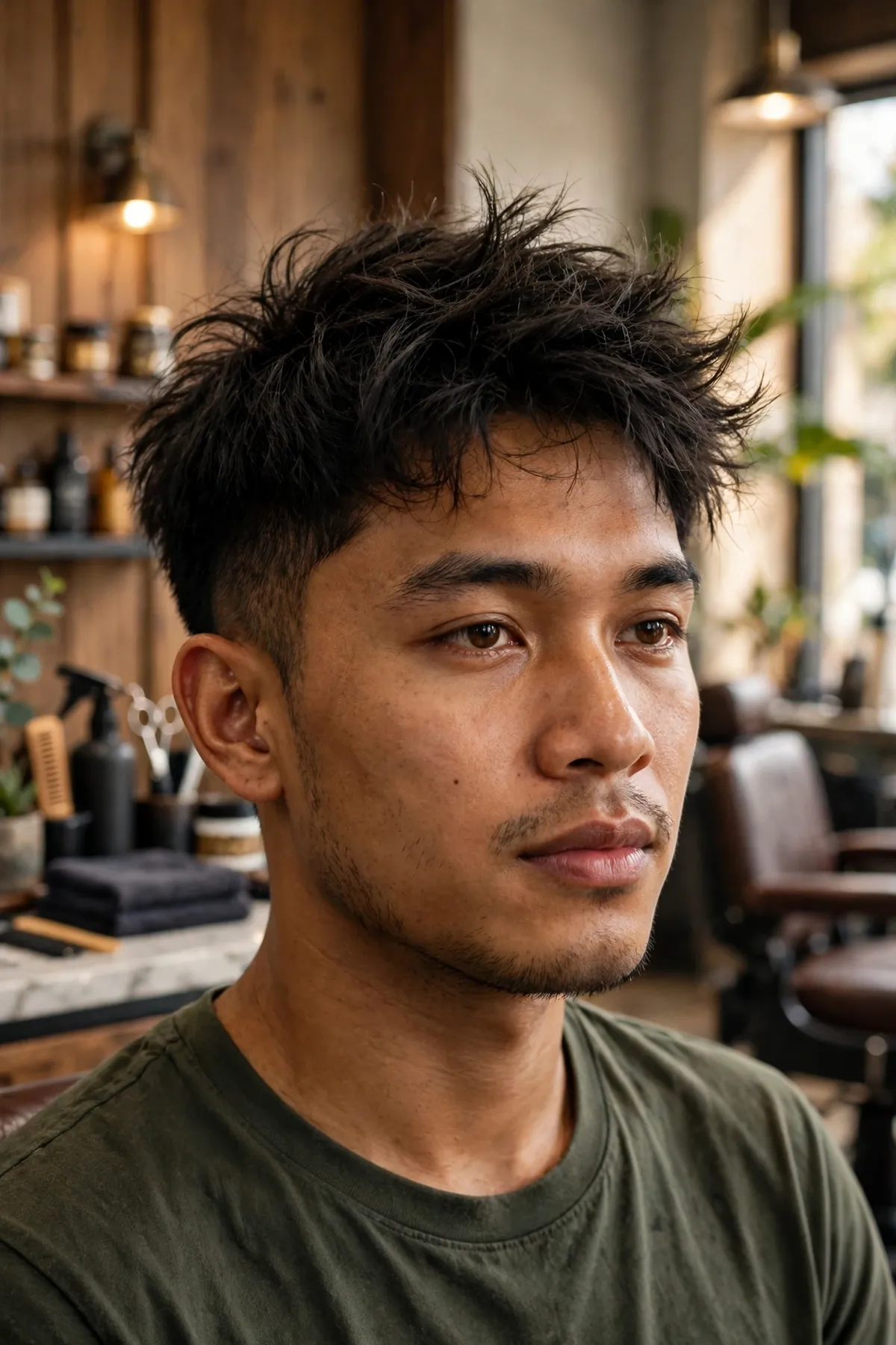 Messy bedhead medium short haircut for men — tousled textured top with short faded sides