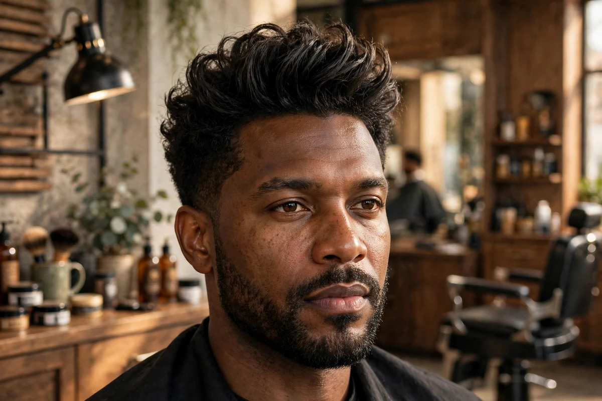 Brushed-up textured medium short haircut for men — voluminous lifted top with tapered sides