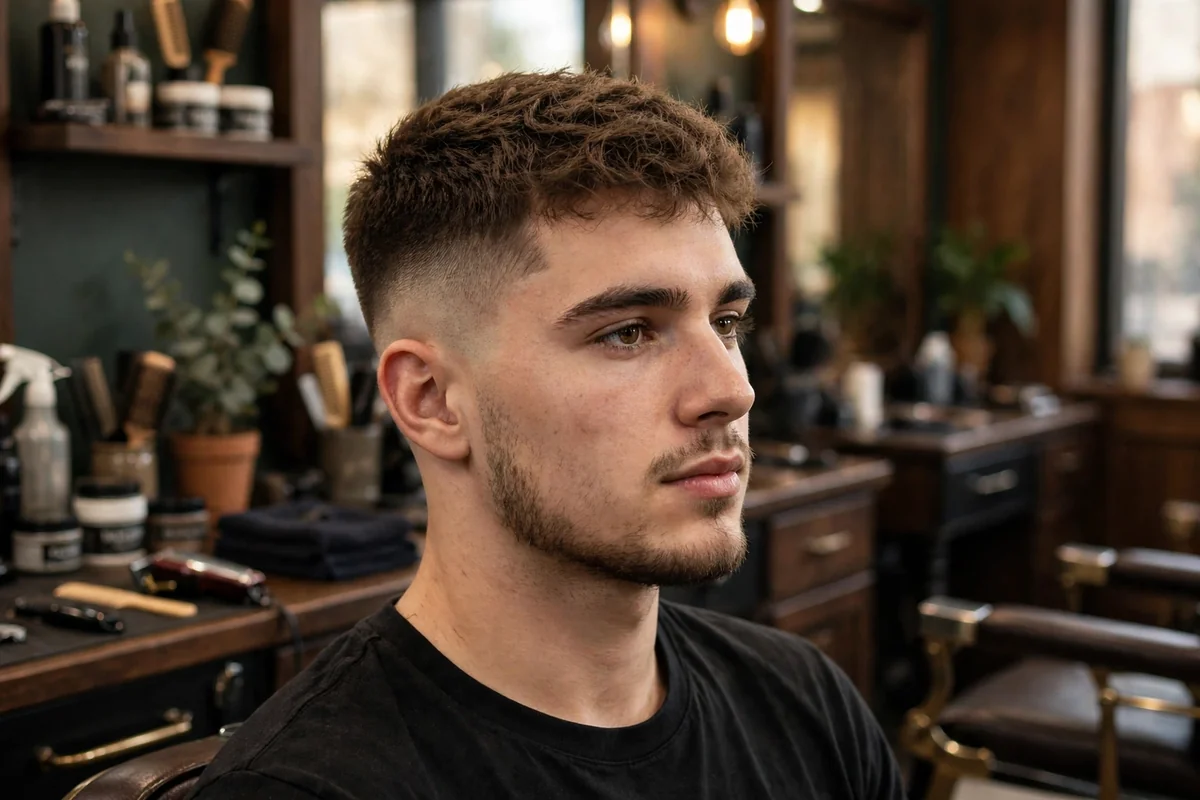 Mid fade crop medium short haircut for men — mid-level fade with short textured crop top