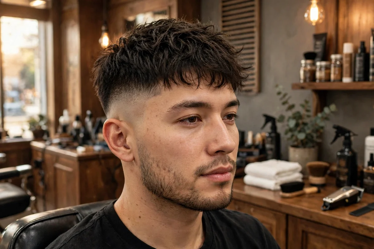Skin fade with textured top medium short haircut for men — bald fade sides with medium short choppy top