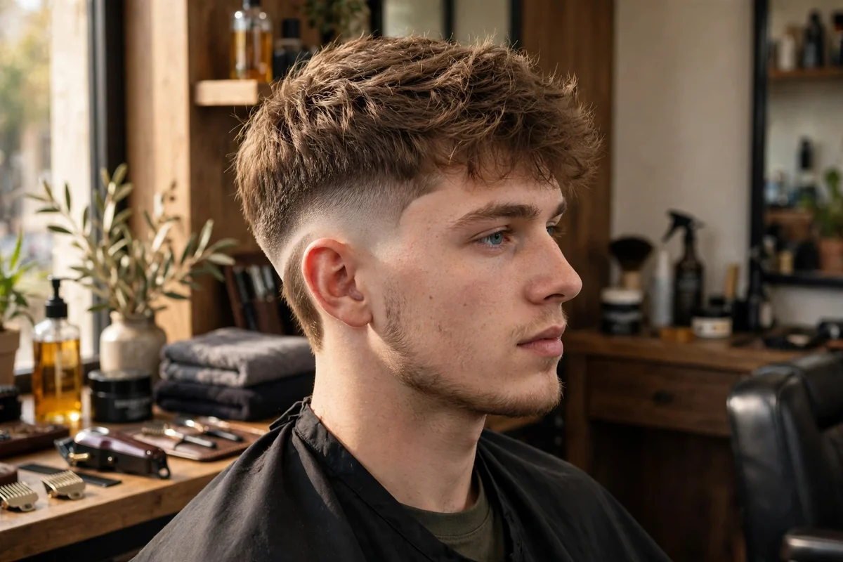 Drop fade crop medium short haircut for men — fade that dips behind the ear with textured medium short top