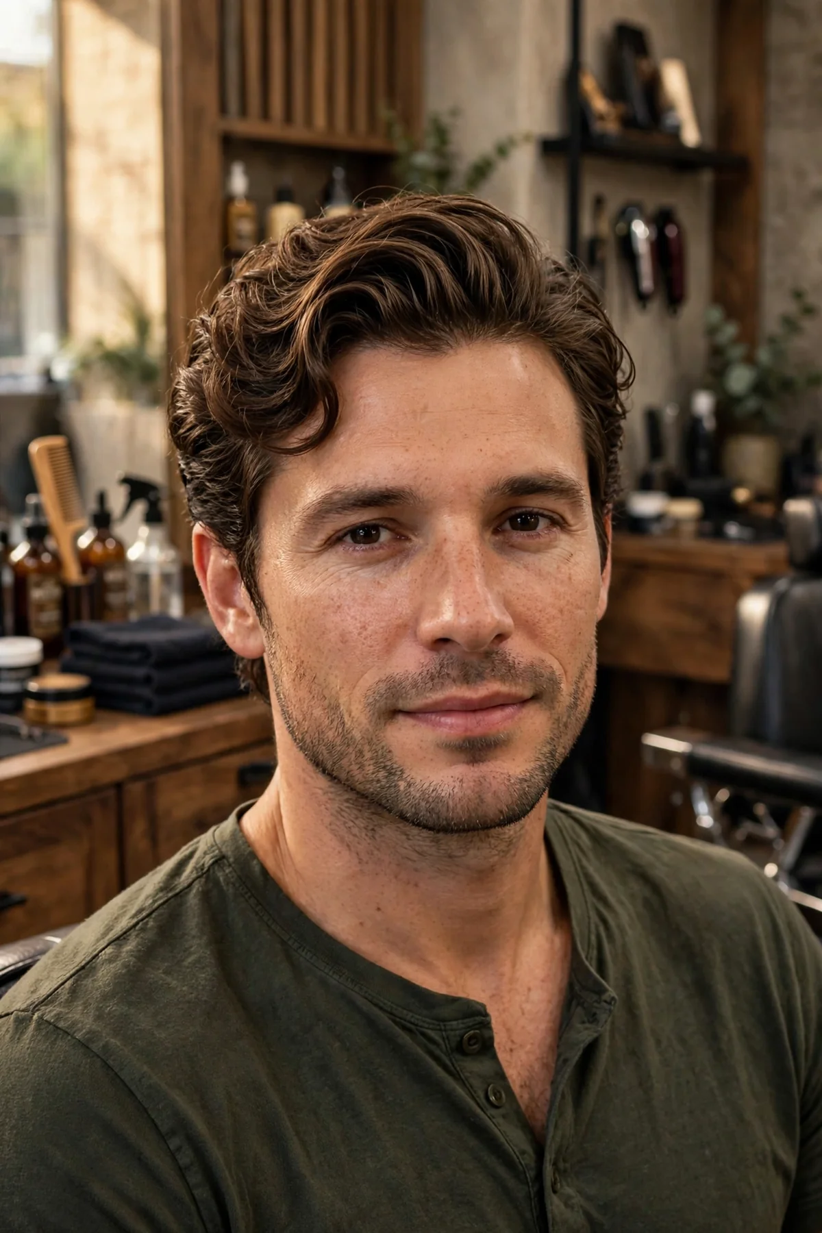 Short wavy bro flow haircut for men — flowing medium short waves brushed back
