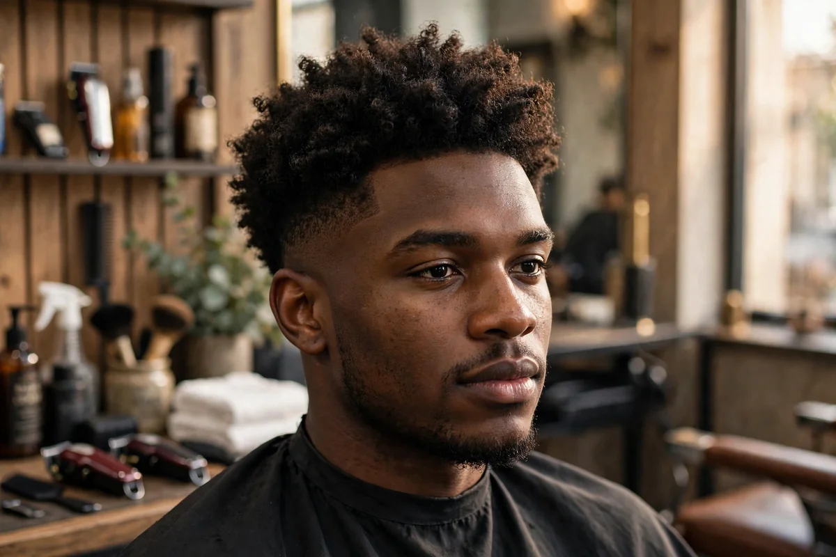 Coily taper medium short haircut for men — coily texture on top with clean tapered sides, barbershop photo