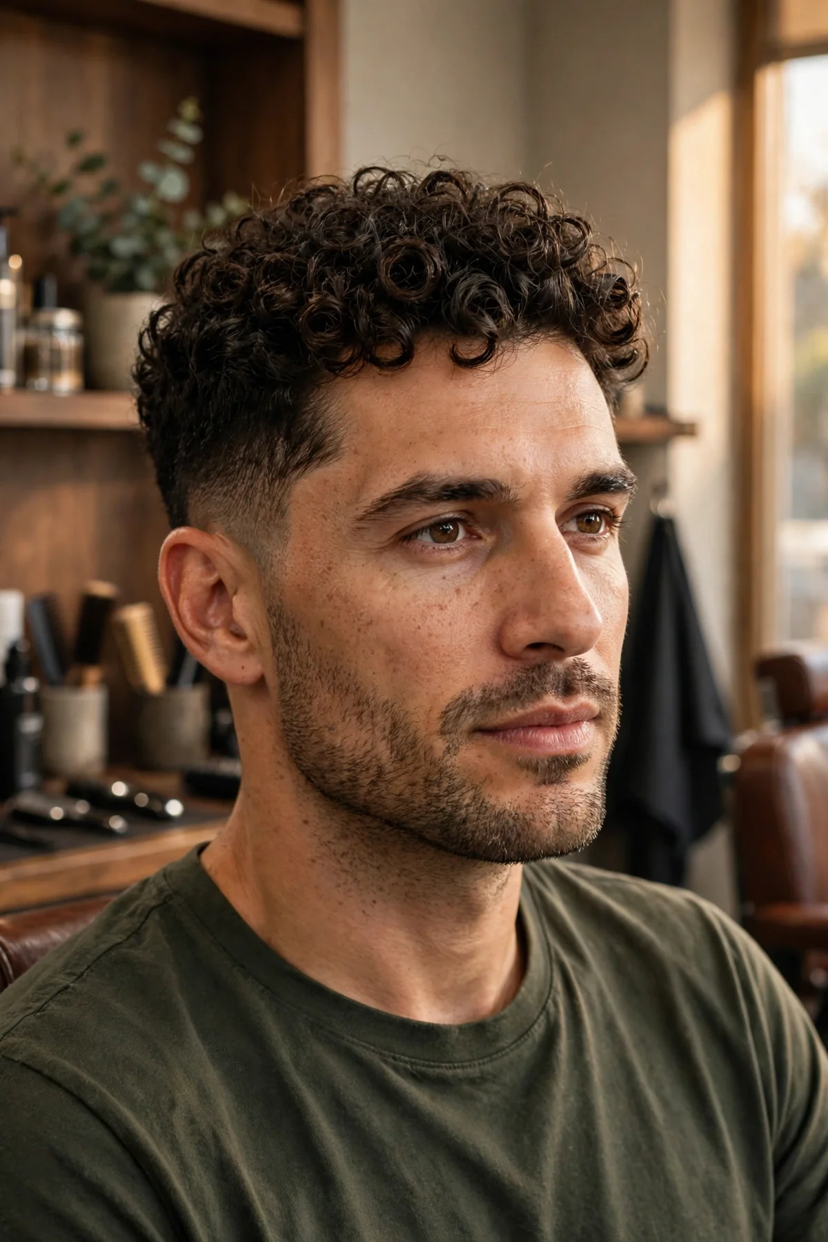 Defined curls on top medium short haircut for men — tight defined curls with faded sides