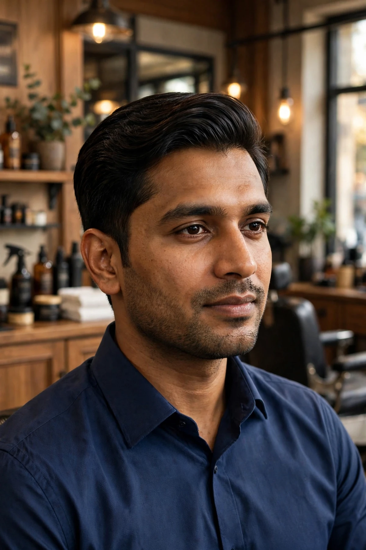 Side-swept professional medium short haircut for men — swept top with clean tapered sides, office-ready look