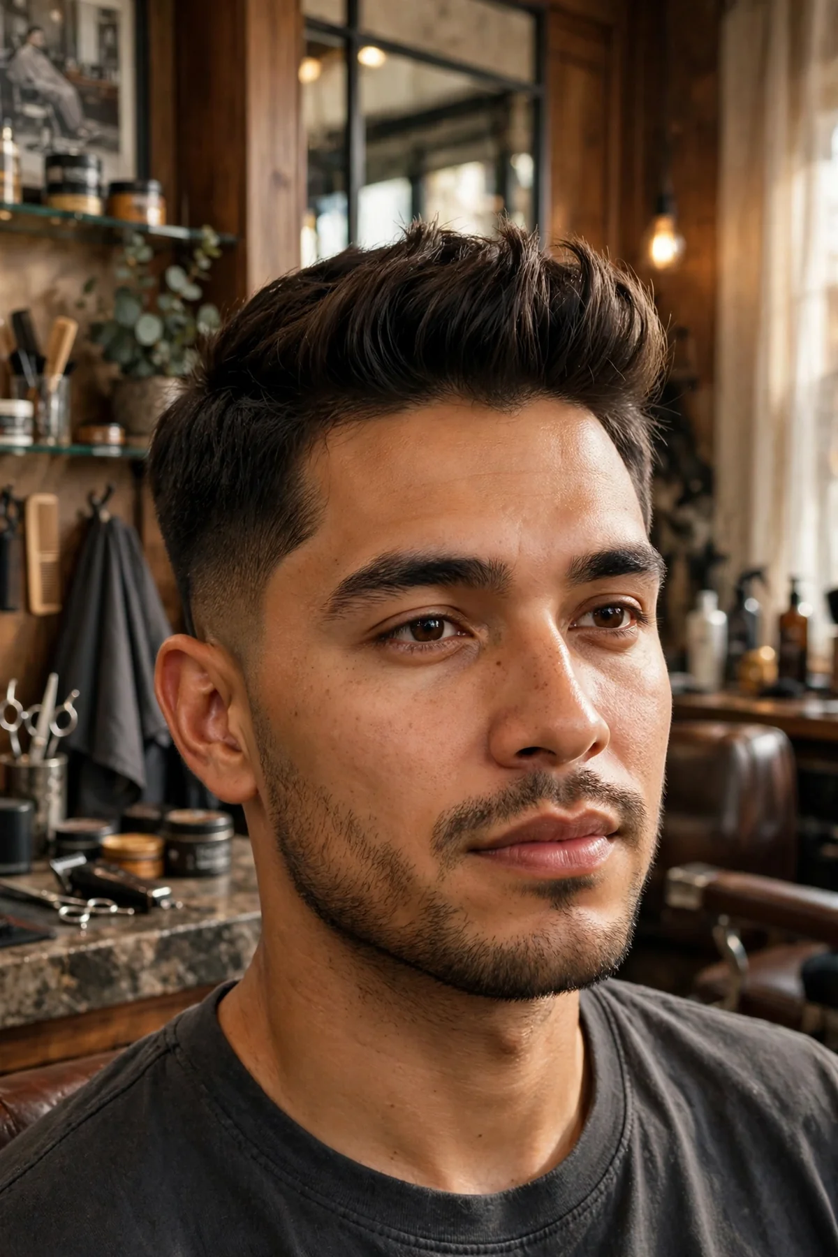 Short quiff medium short haircut for men — lifted front with medium short top and tapered sides