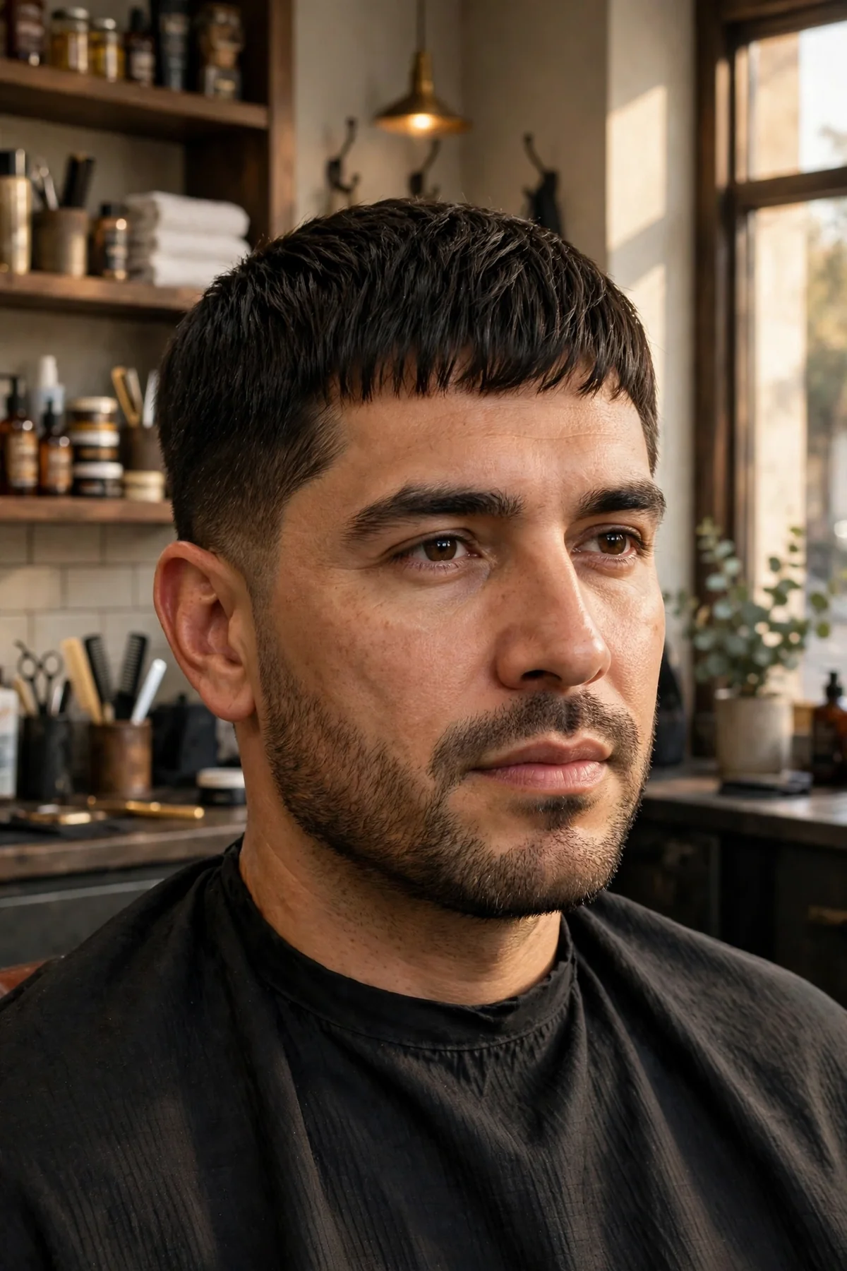 Smart Caesar medium short haircut for men — short even top with forward fringe and tapered sides