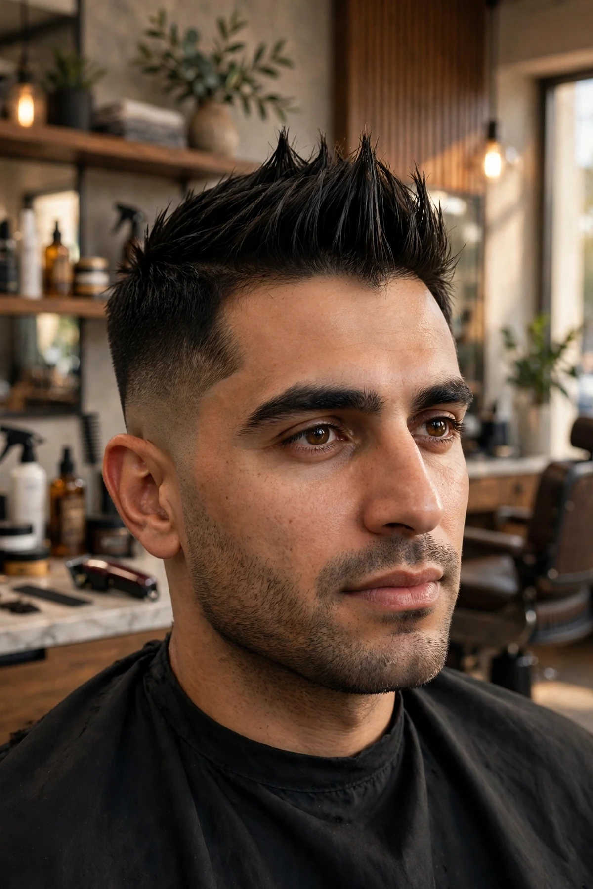 Faux hawk medium short haircut for men — spiked center strip with faded sides, edgy barbershop style