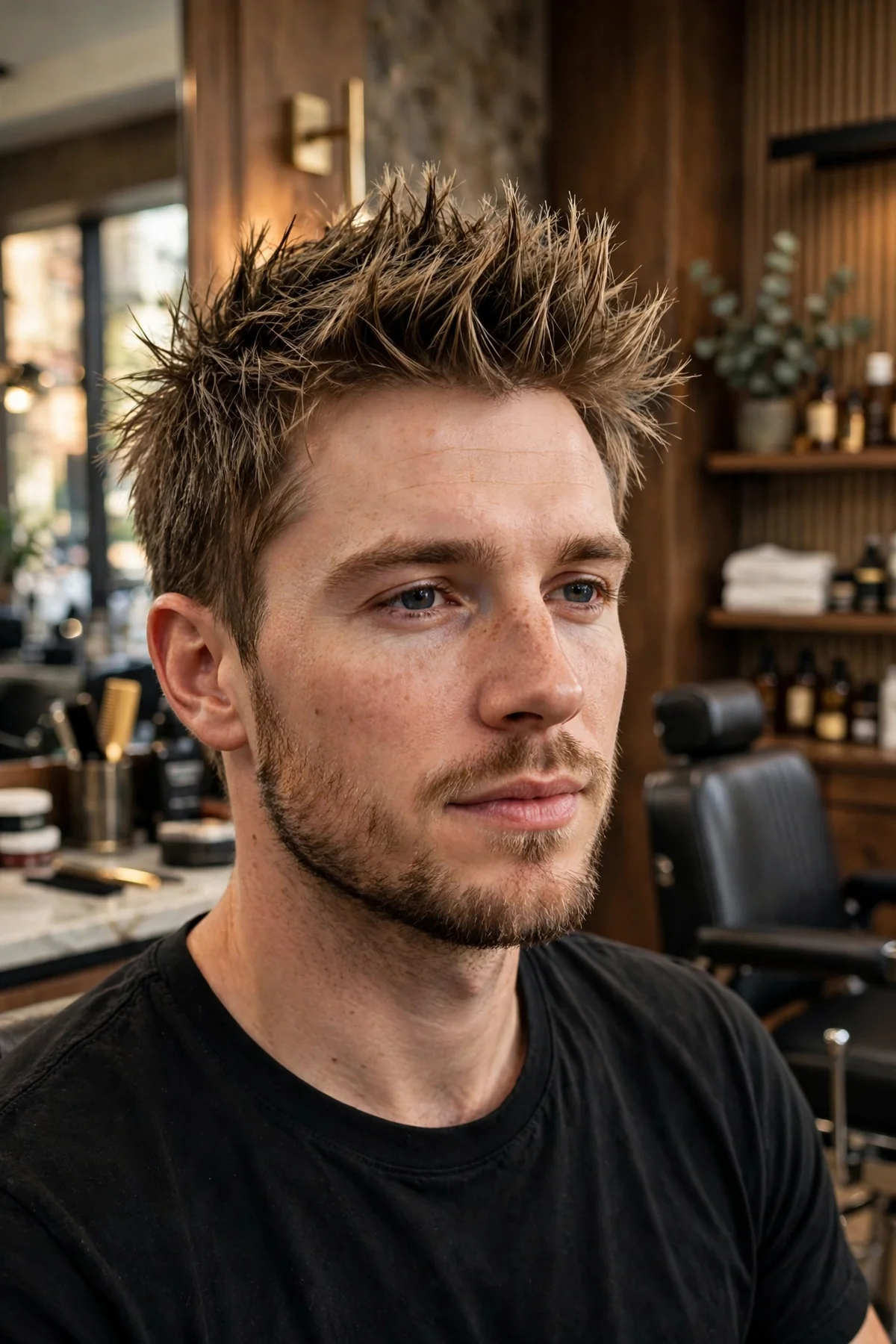 Spiky textured medium short haircut for men — piecey spikes on top with short tapered sides