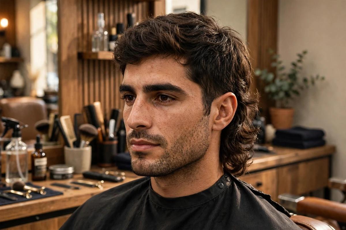 Soft mullet medium short haircut for men — short front and sides with flowing back, modern mullet style