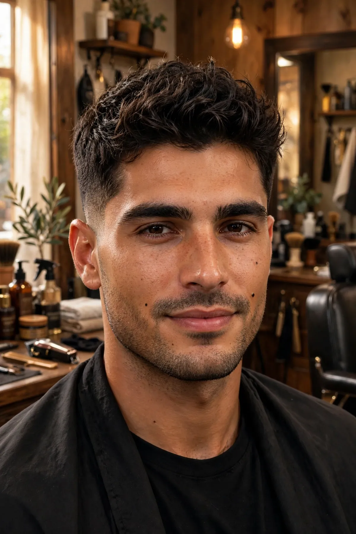 Barbershop photo collage of the 30 best medium short haircuts for men — textured crops, classic side parts, taper fades and curly medium-short styles