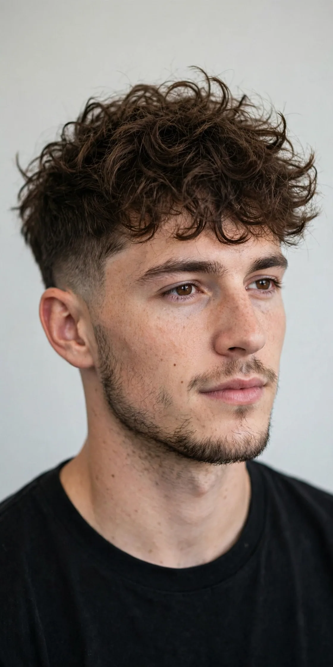 Textured perm haircut for men with messy tousled curls and faded sides