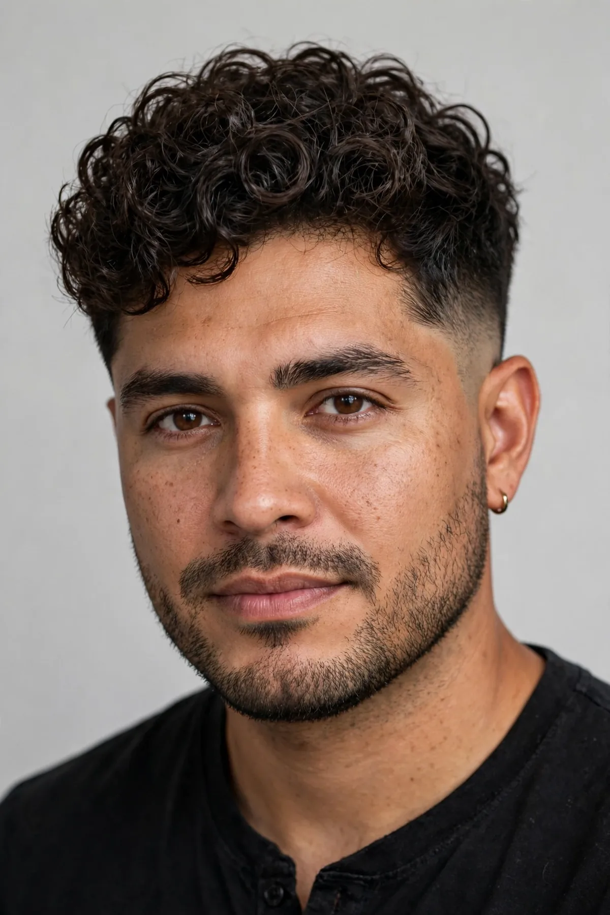 Perm haircut for men with mid fade and wavy voluminous top