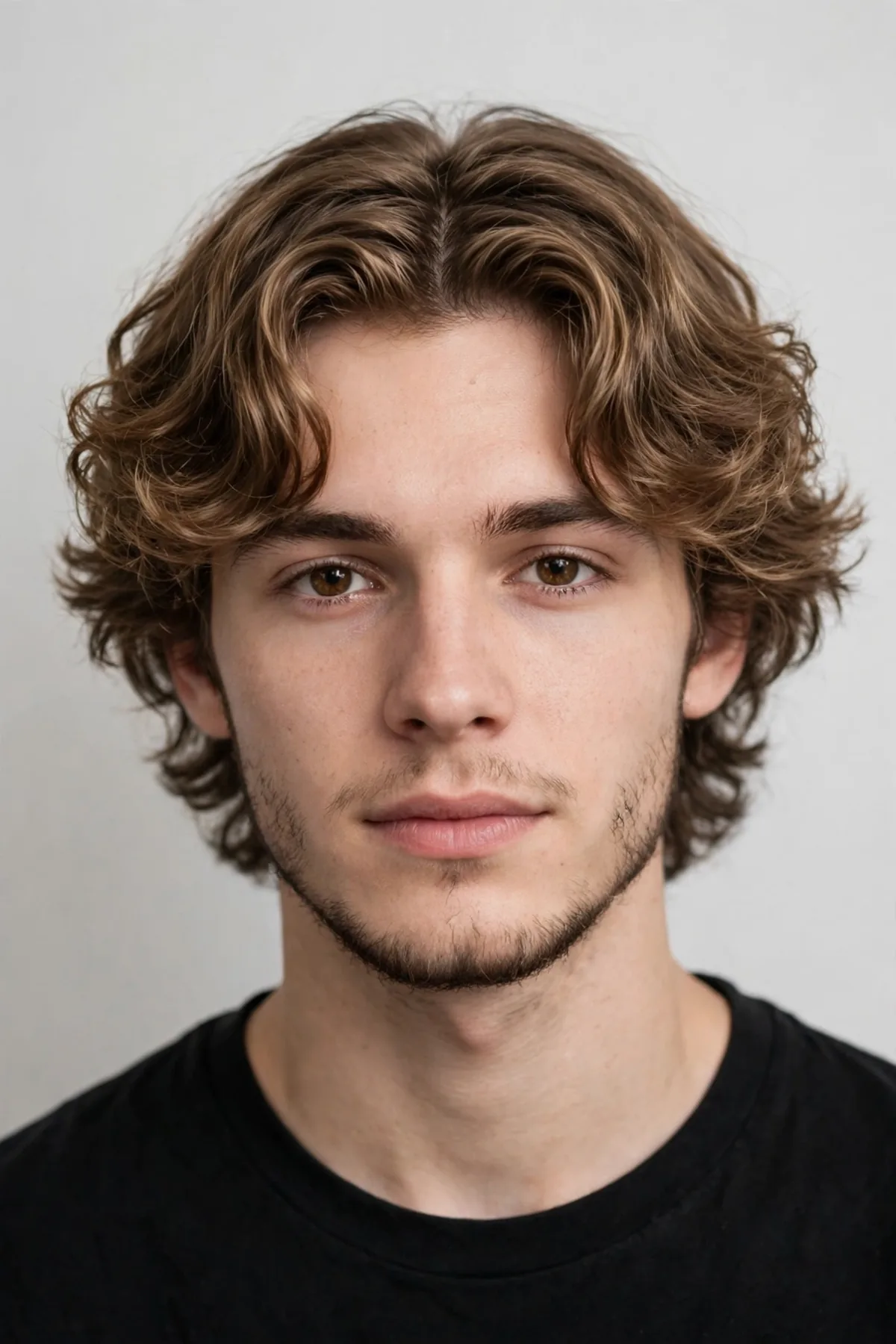 Curtain perm haircut for men with middle parted wavy bangs