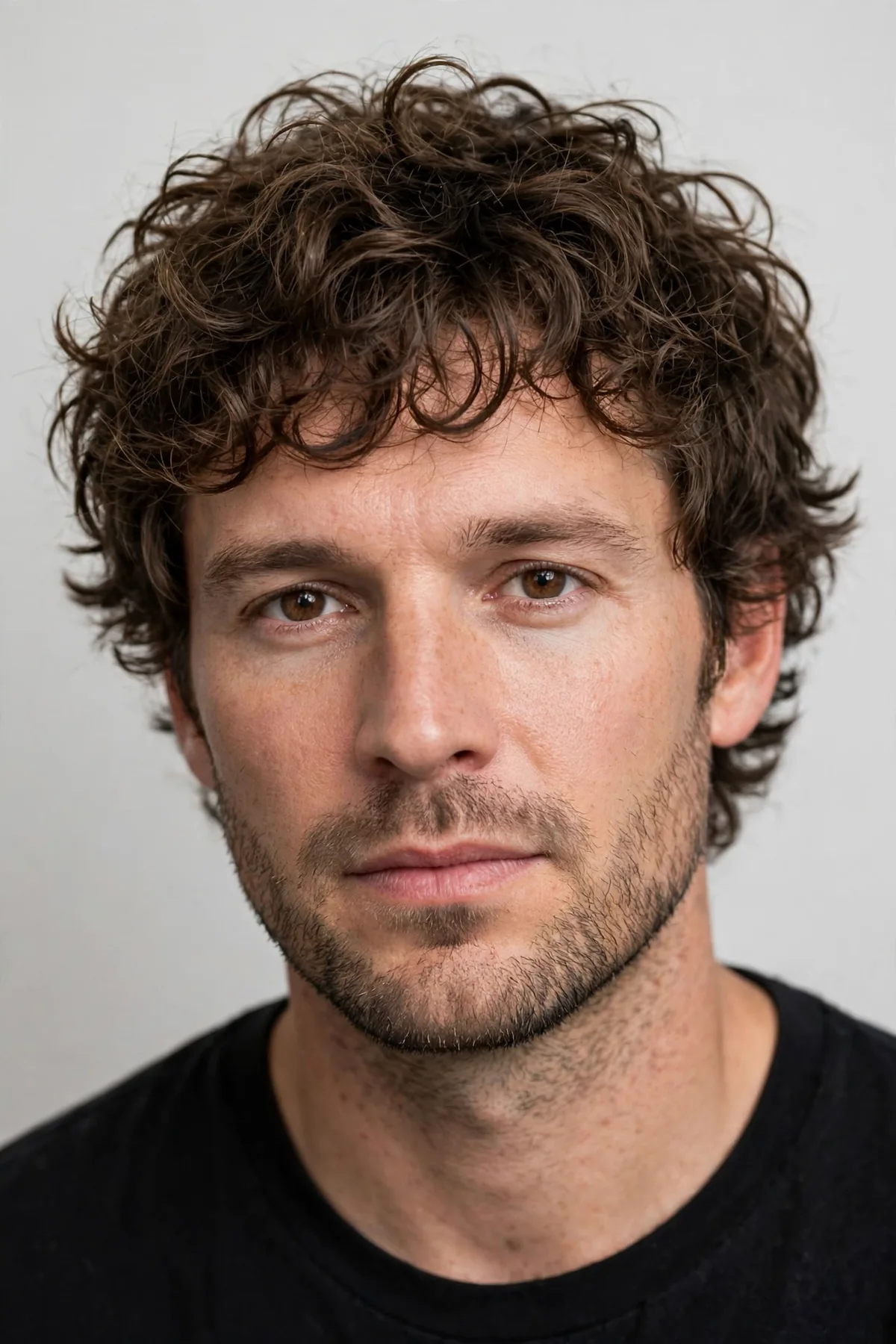 Messy textured perm haircut for men with tousled bedhead curls