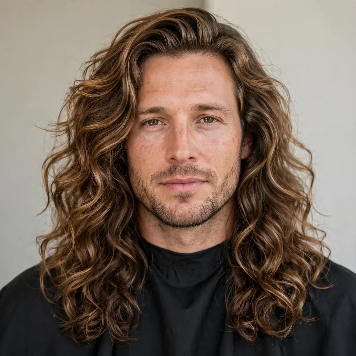 Long flow perm haircut for men with flowing wavy long hair