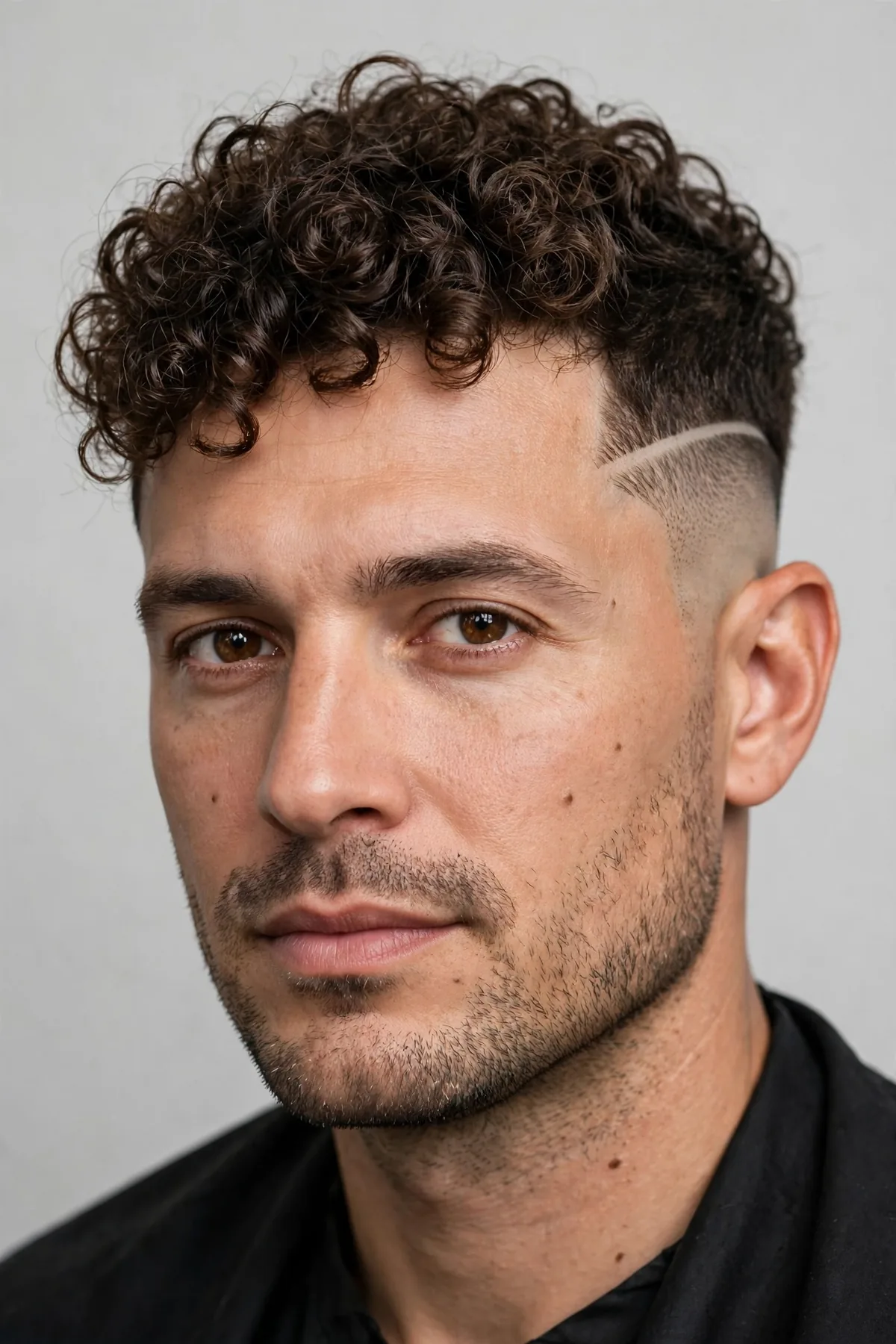 Perm haircut for men with hard part and curly top