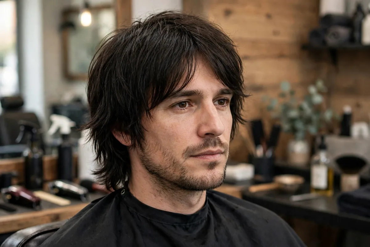 Medium-length shag haircut for men with long layered ends.