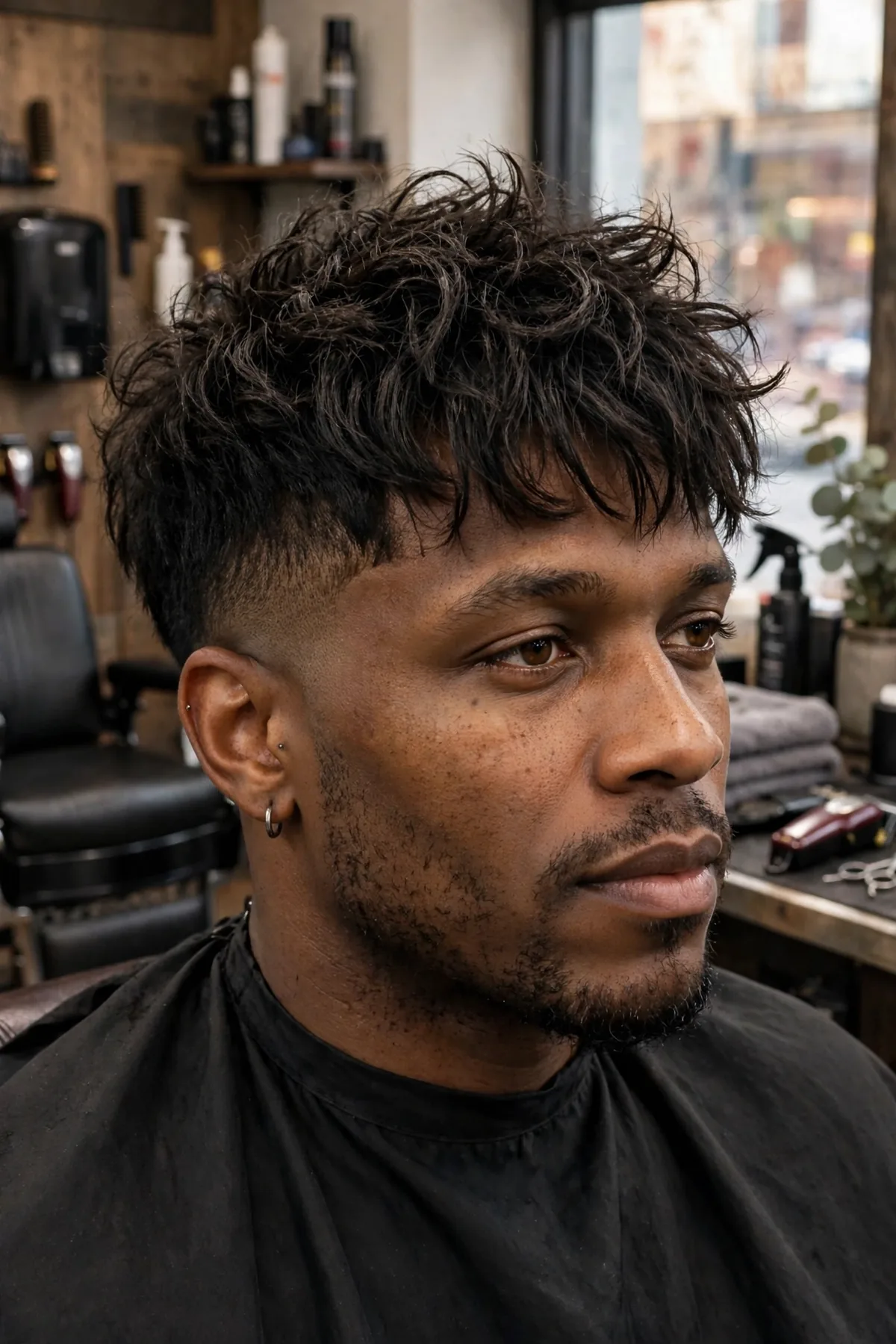 Shag haircut for men with a mid fade and textured shaggy top.
