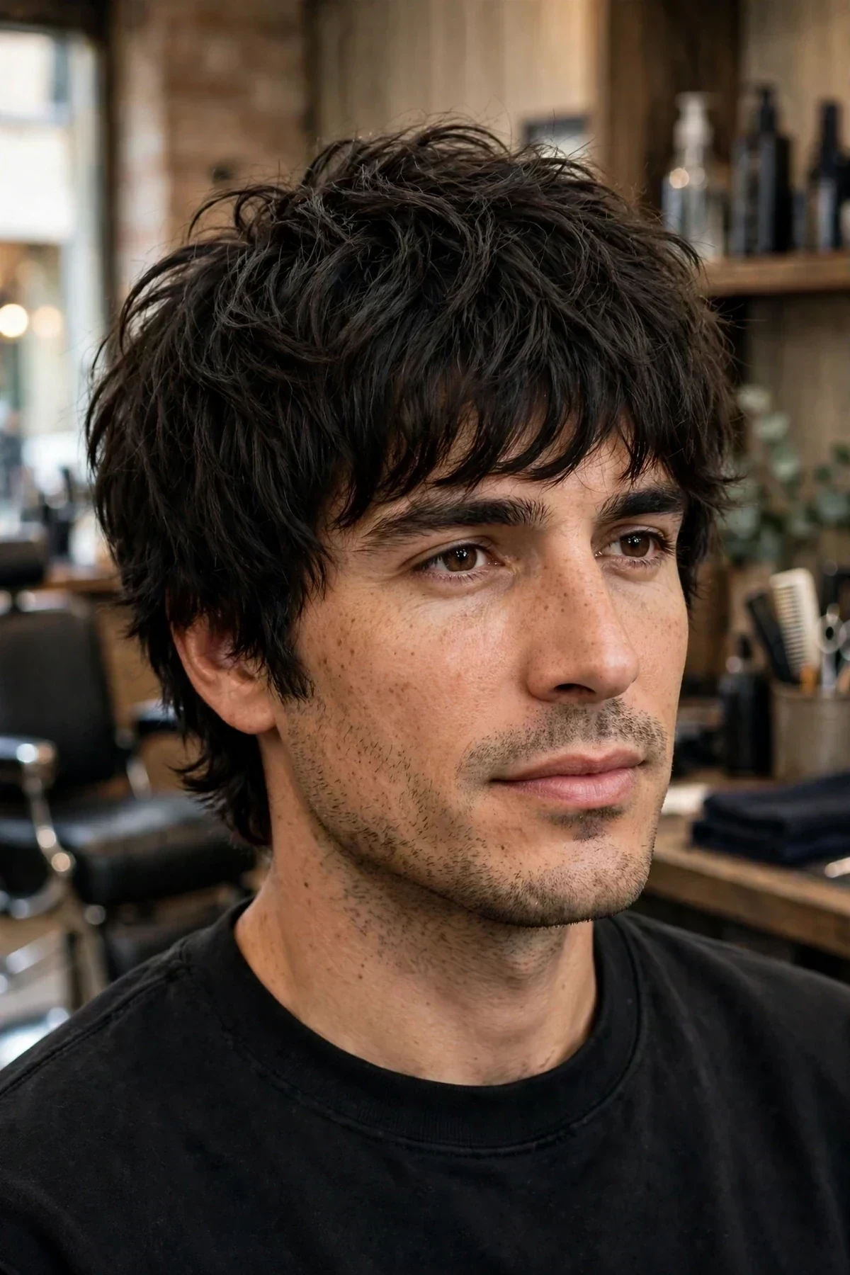 Layered shag haircut for men with thick hair, thinned and textured.