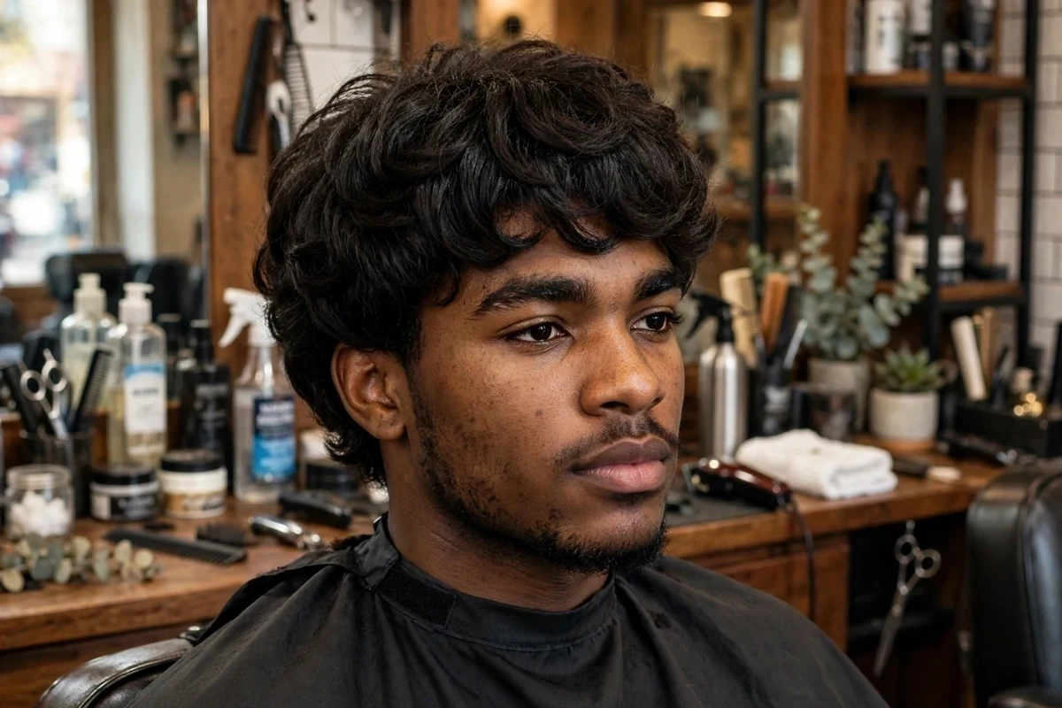 Shag haircut for men with coily hair, shaped into a layered rounded shag.