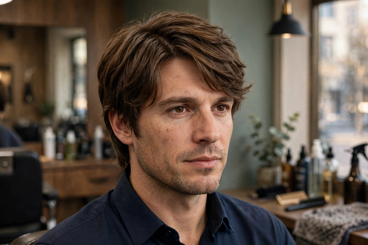 Shag haircut for men with a deep side part and swept layers.