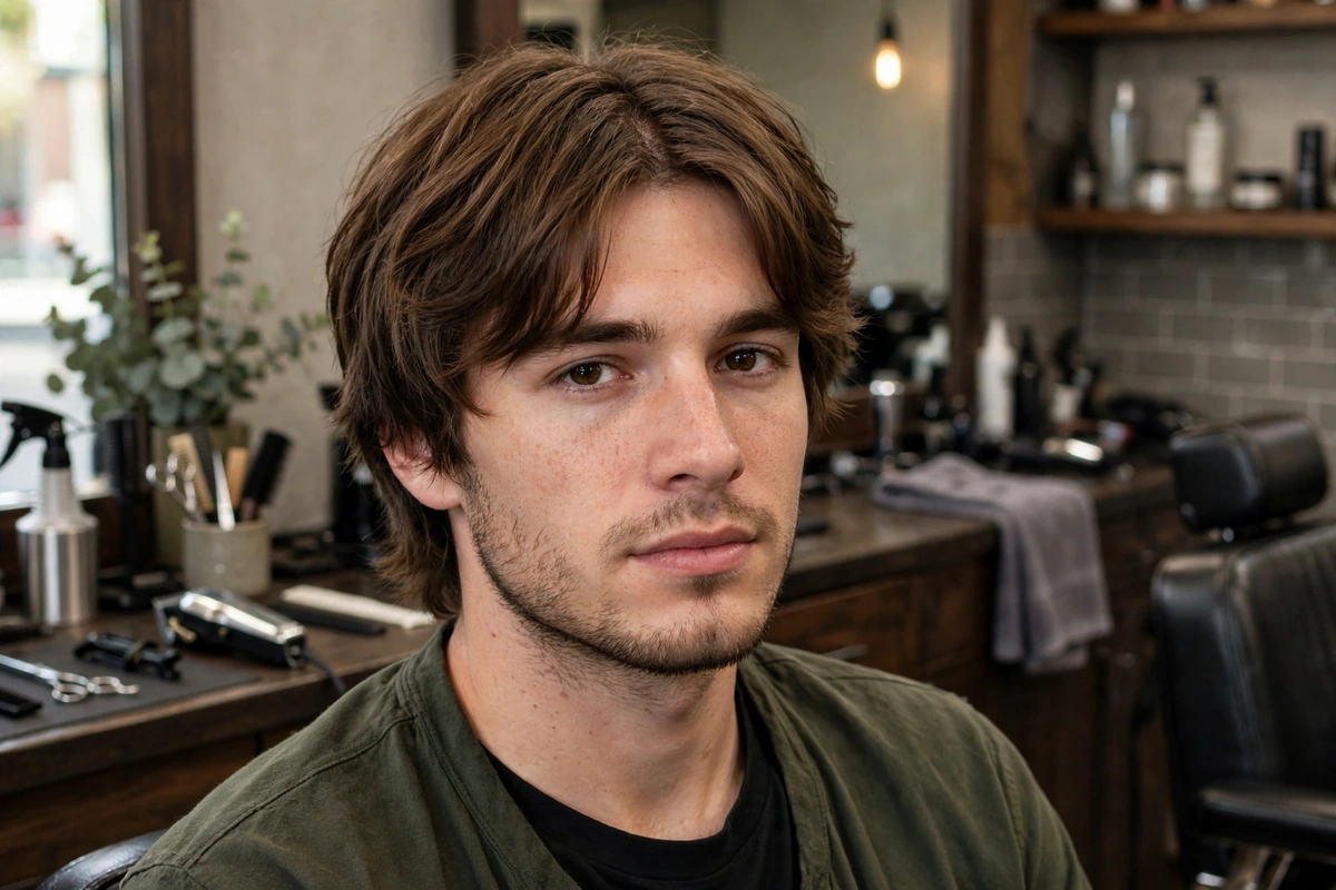 Middle-part shag haircut for men with balanced layered sides.