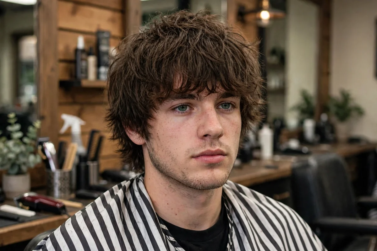Fringe-heavy shaggy haircut for men with a full textured fringe.