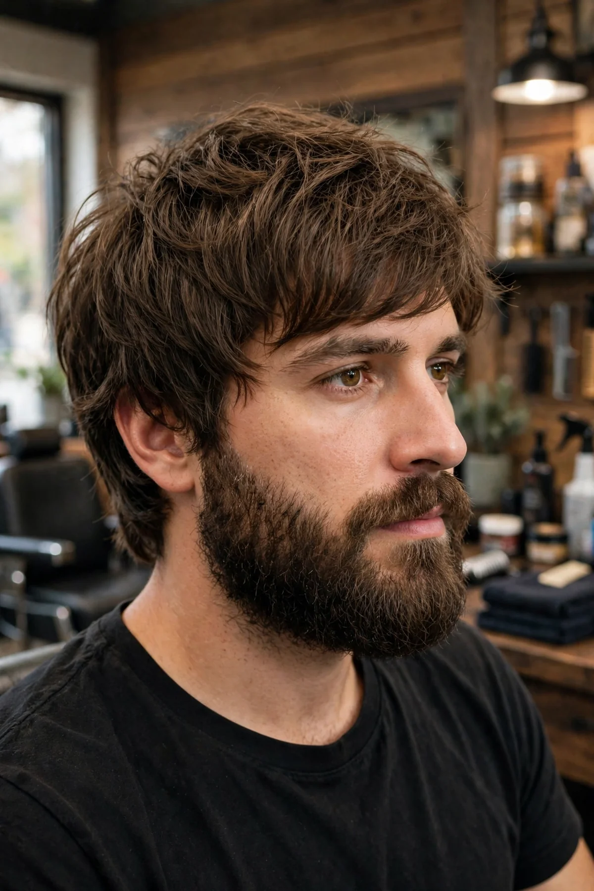 Men's shag haircut paired with a full beard, medium layered lengths.
