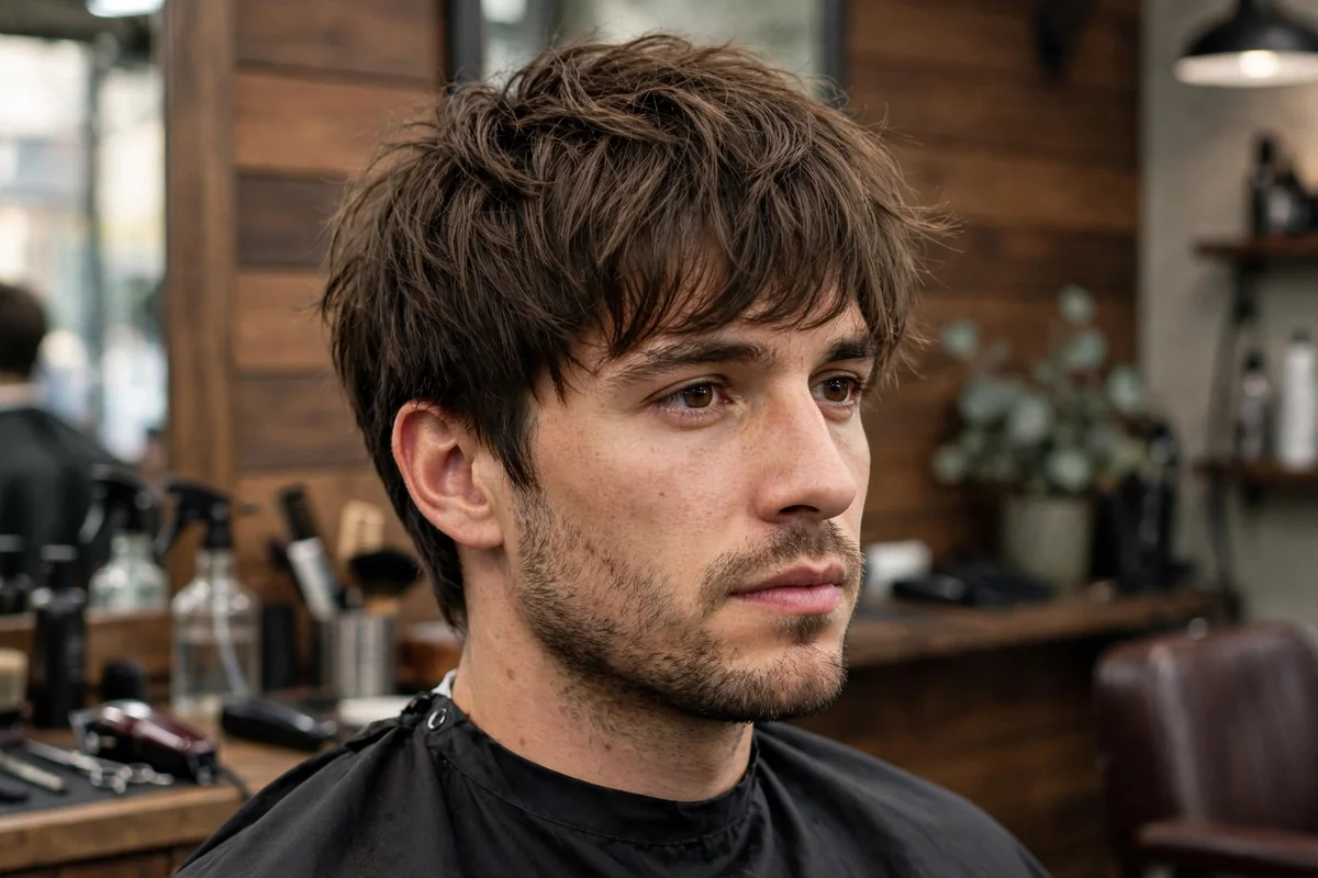 Shag haircut for men with a neatly tapered nape and shaggy top.