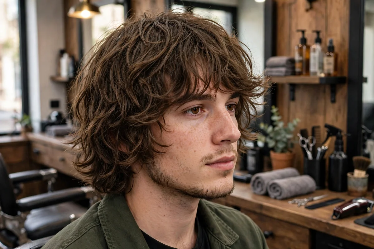 Chin-length shaggy bob haircut for men with wavy layered ends.